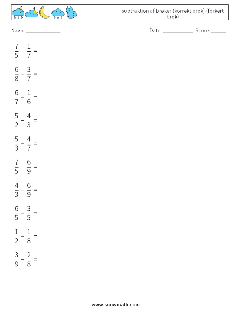 (10) subtraktion af brøker (korrekt brøk) (forkert brøk) Matematiske regneark 5