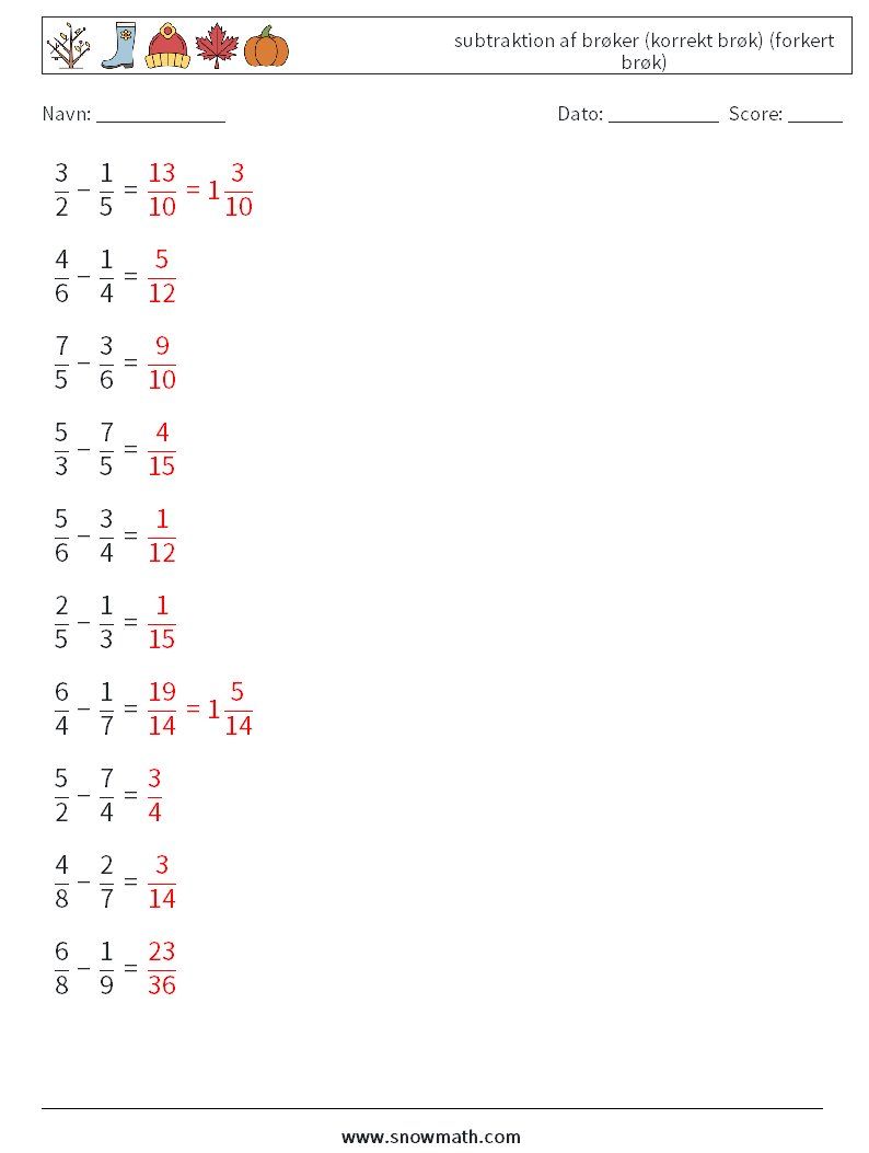 (10) subtraktion af brøker (korrekt brøk) (forkert brøk) Matematiske regneark 8 Spørgsmål, svar