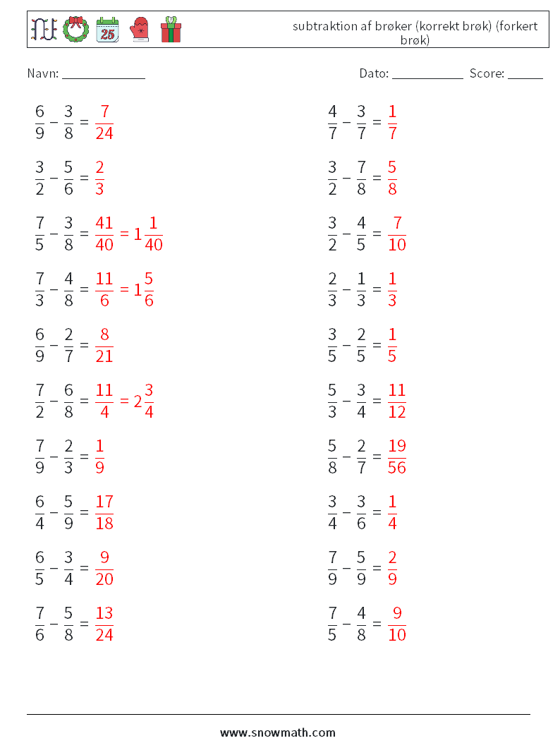 (20) subtraktion af brøker (korrekt brøk) (forkert brøk) Matematiske regneark 17 Spørgsmål, svar