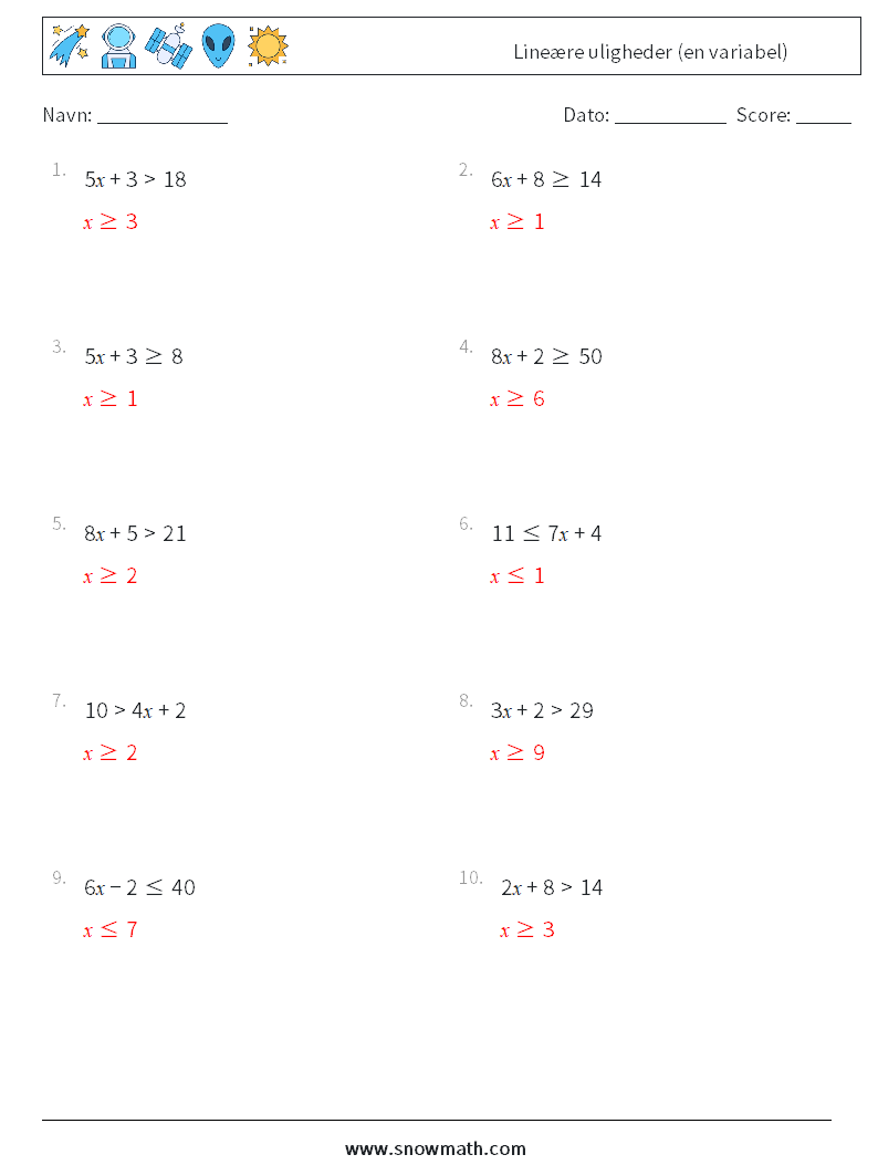 Lineære uligheder (en variabel) Matematiske regneark 1 Spørgsmål, svar