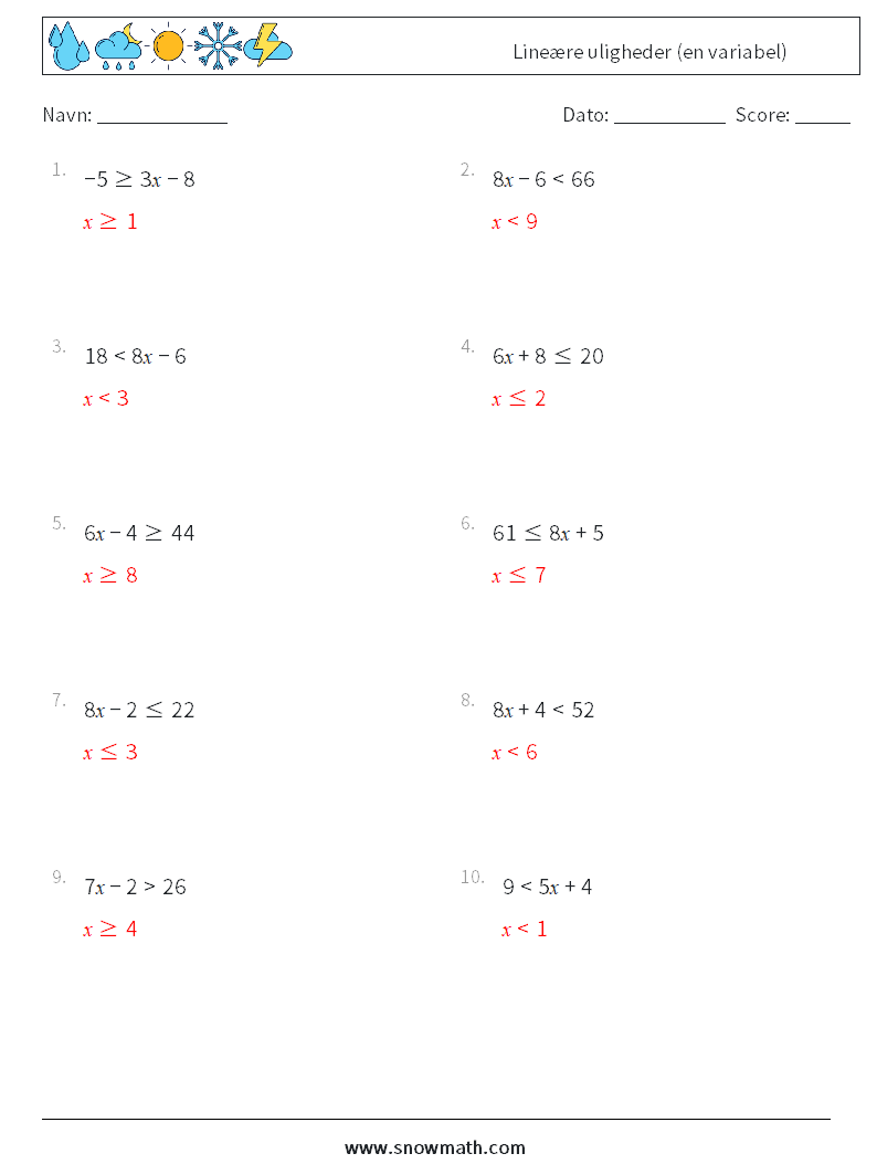 Lineære uligheder (en variabel) Matematiske regneark 2 Spørgsmål, svar