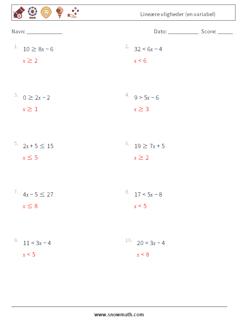 Lineære uligheder (en variabel) Matematiske regneark 3 Spørgsmål, svar