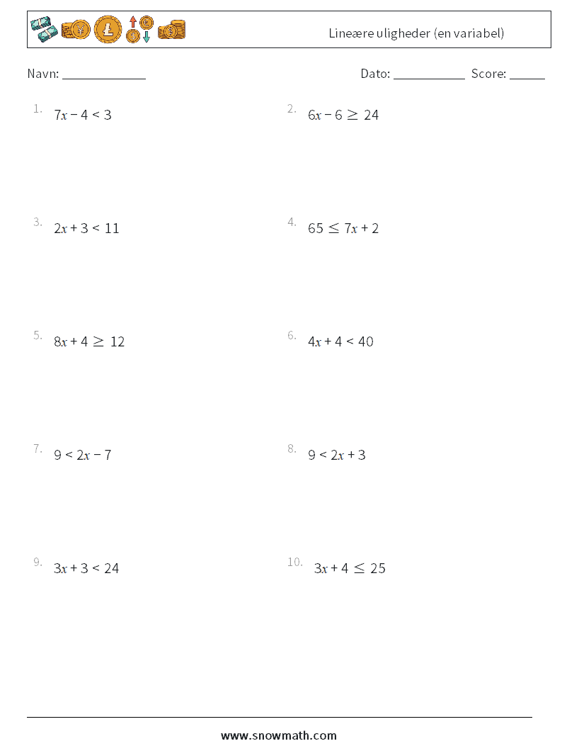 Lineære uligheder (en variabel) Matematiske regneark 4