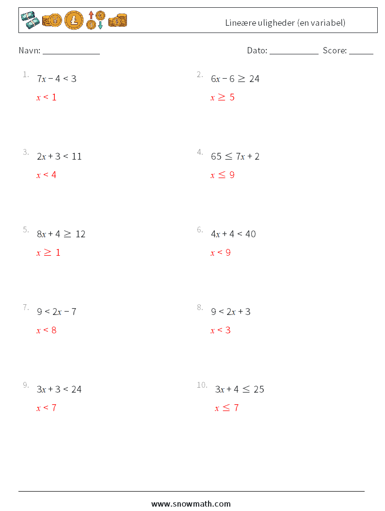 Lineære uligheder (en variabel) Matematiske regneark 4 Spørgsmål, svar