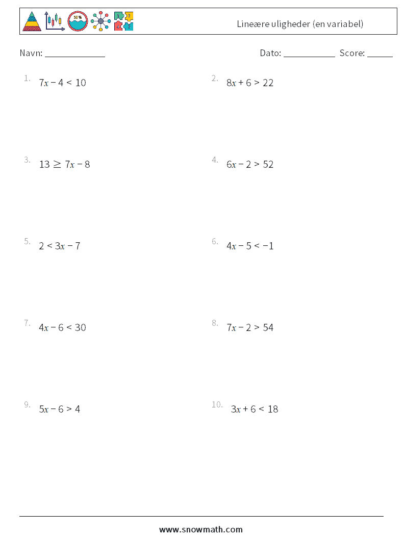 Lineære uligheder (en variabel) Matematiske regneark 6
