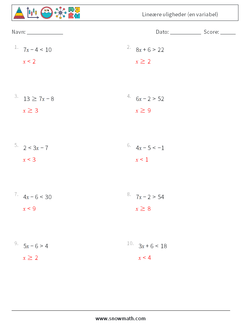 Lineære uligheder (en variabel) Matematiske regneark 6 Spørgsmål, svar