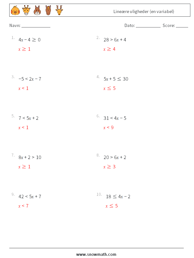 Lineære uligheder (en variabel) Matematiske regneark 7 Spørgsmål, svar