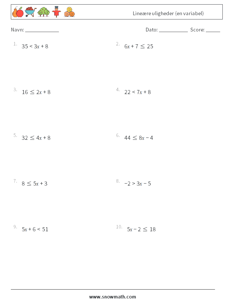 Lineære uligheder (en variabel) Matematiske regneark 8