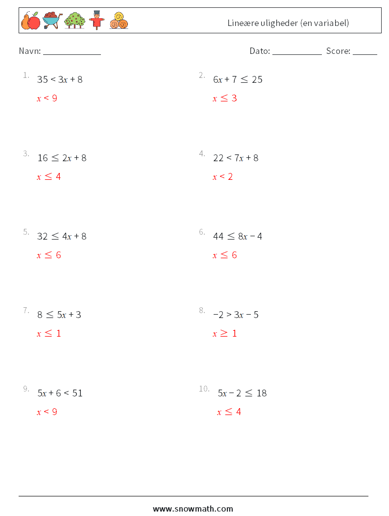 Lineære uligheder (en variabel) Matematiske regneark 8 Spørgsmål, svar