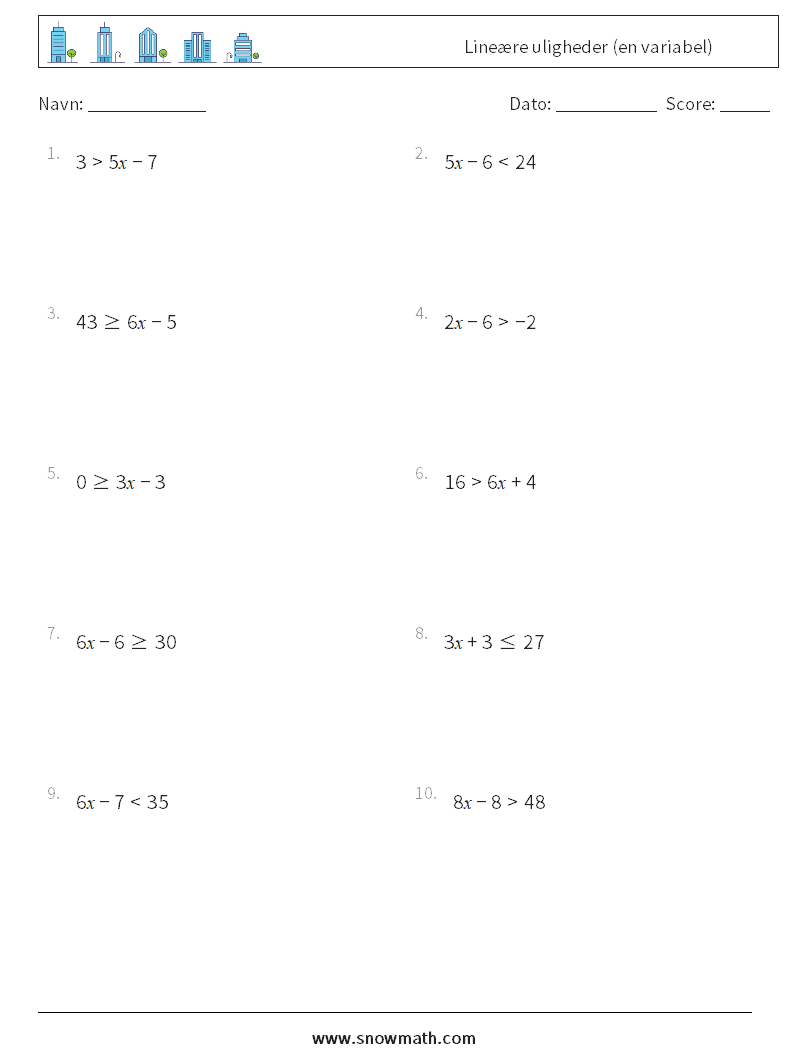 Lineære uligheder (en variabel) Matematiske regneark 9