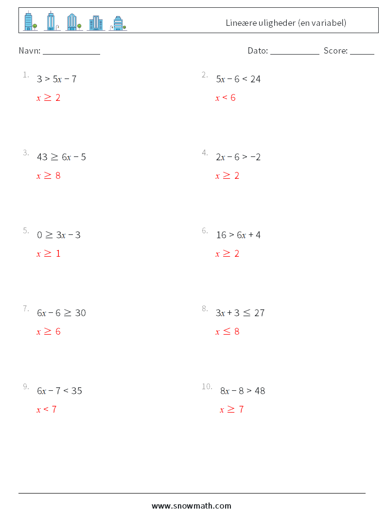 Lineære uligheder (en variabel) Matematiske regneark 9 Spørgsmål, svar