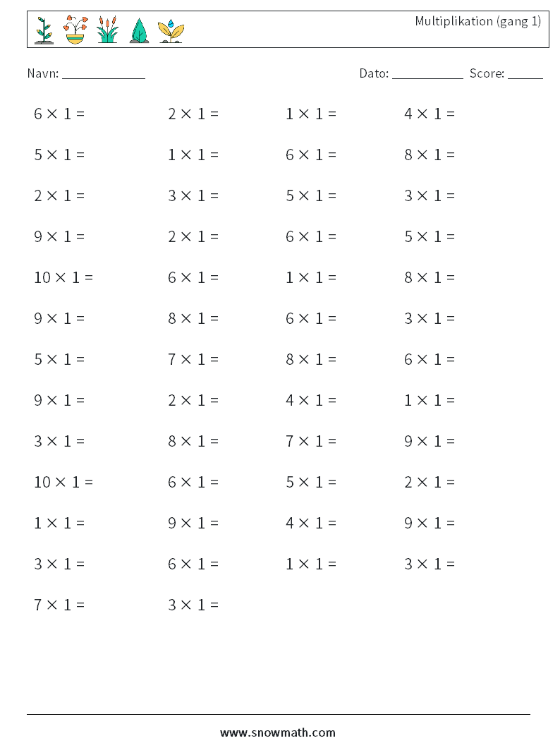 (50) Multiplikation (gang 1) Matematiske regneark 8