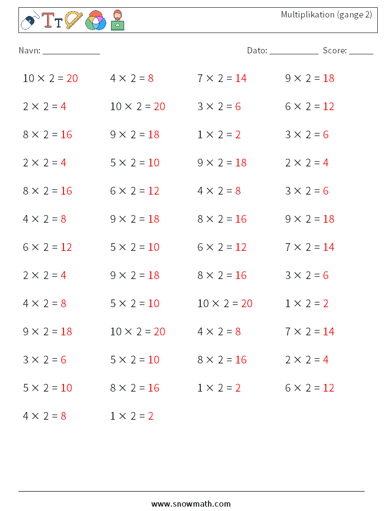 (50) Multiplikation (gange 2) Matematiske regneark 1 Spørgsmål, svar