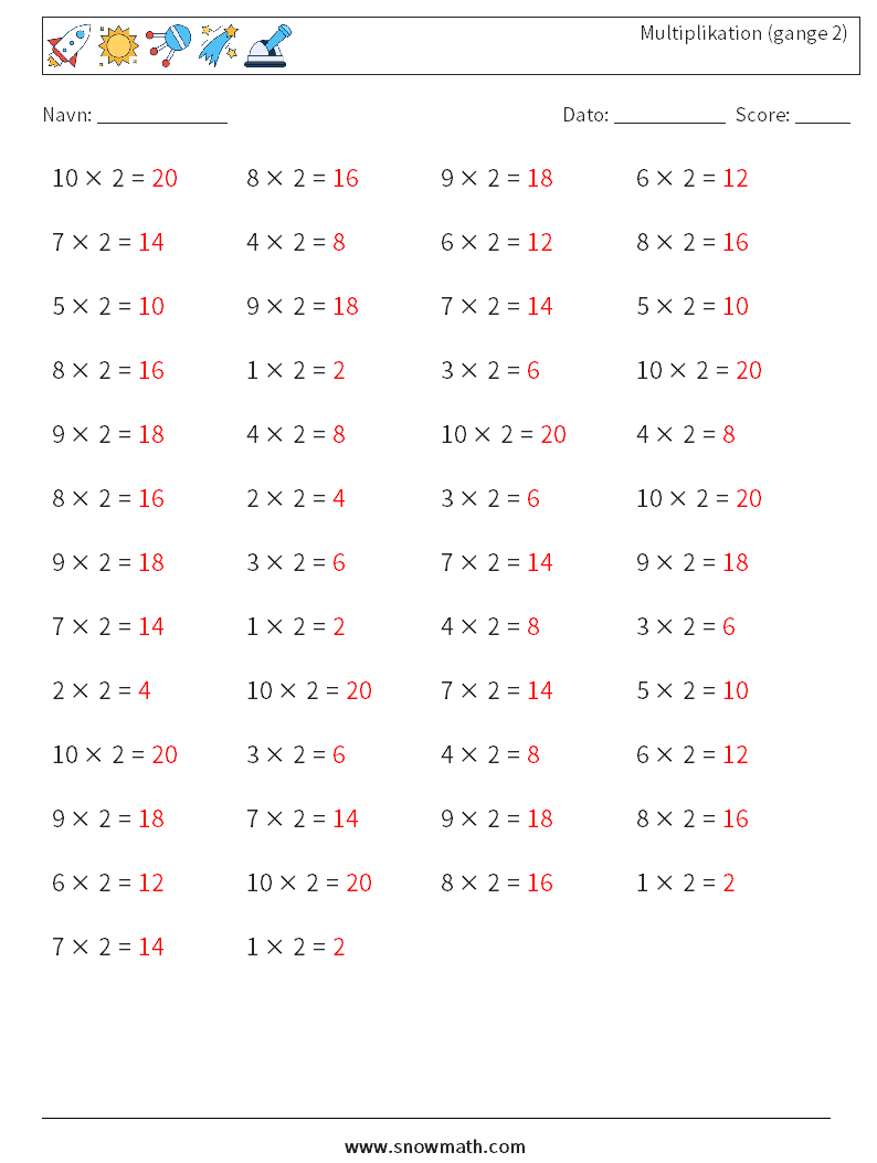 (50) Multiplikation (gange 2) Matematiske regneark 2 Spørgsmål, svar