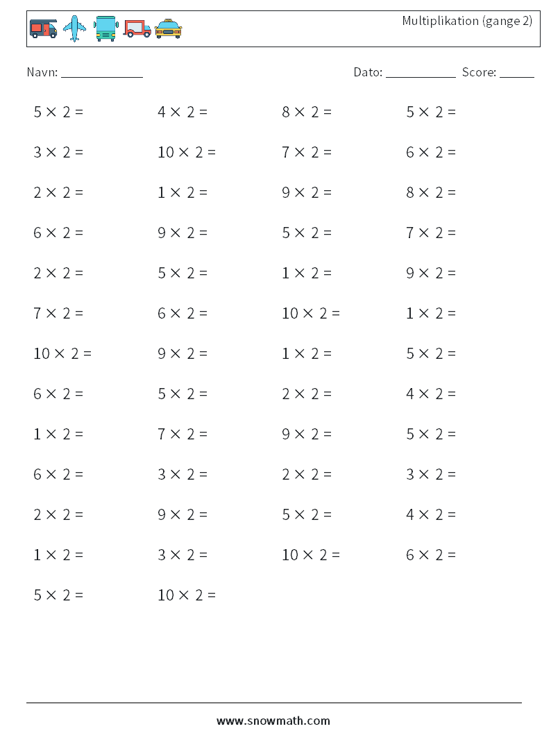 (50) Multiplikation (gange 2) Matematiske regneark 3