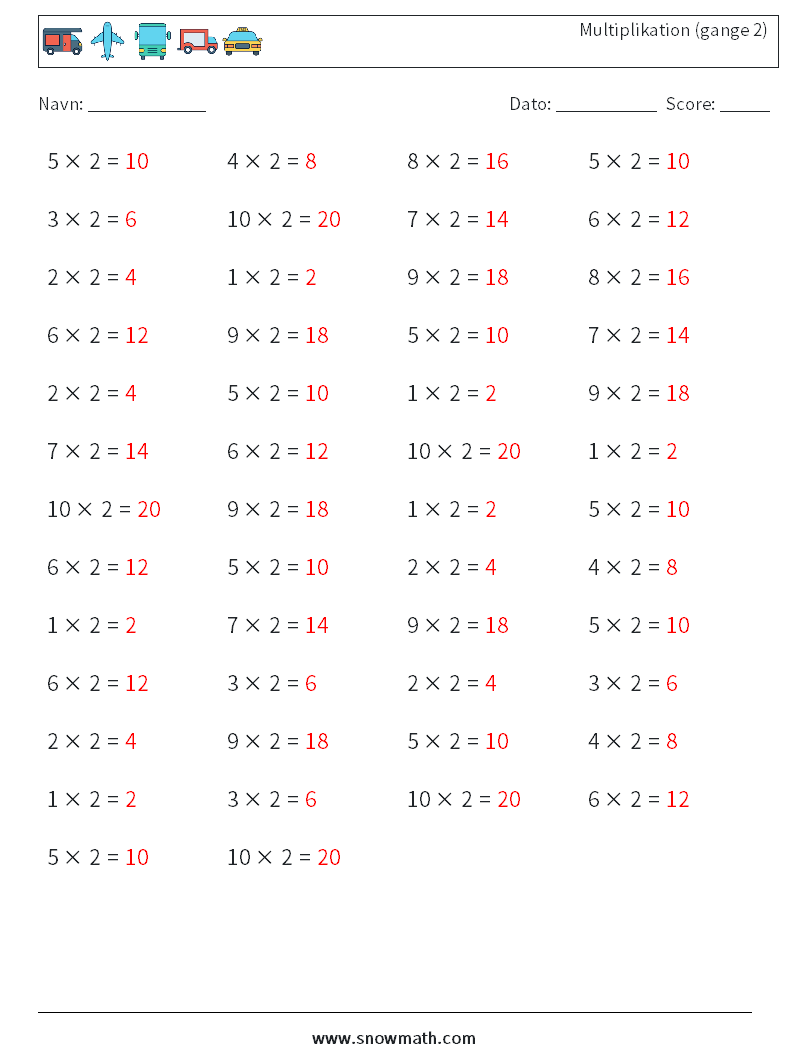 (50) Multiplikation (gange 2) Matematiske regneark 3 Spørgsmål, svar