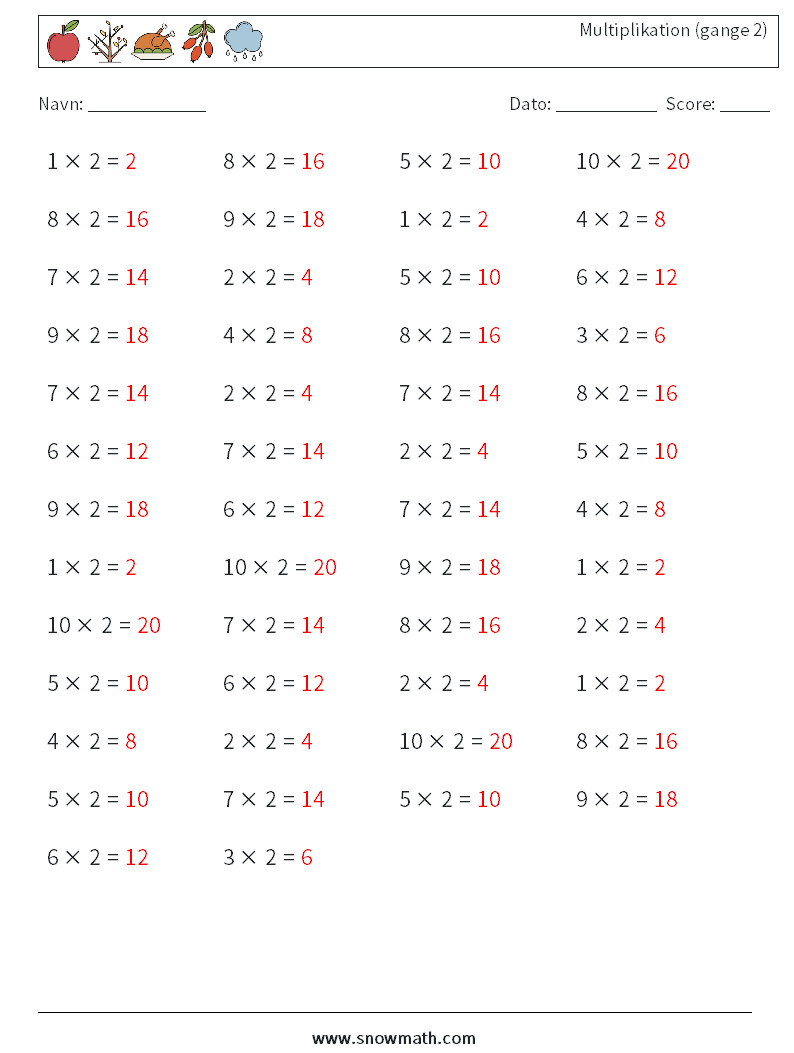 (50) Multiplikation (gange 2) Matematiske regneark 4 Spørgsmål, svar