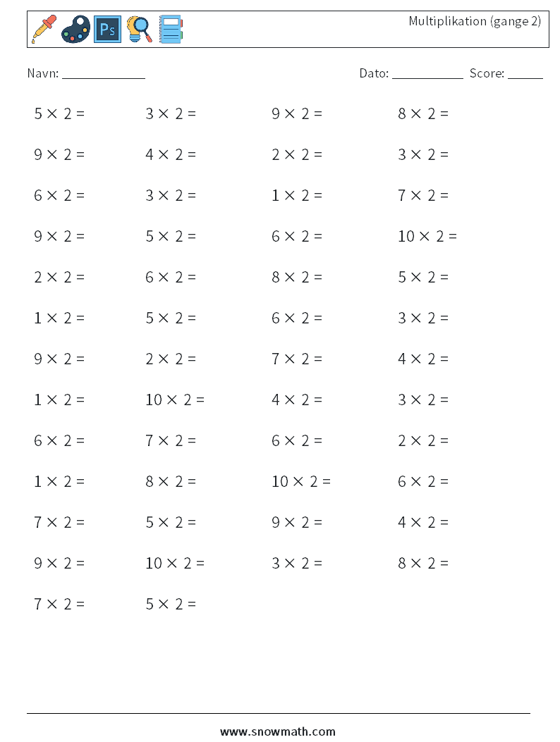 (50) Multiplikation (gange 2) Matematiske regneark 5