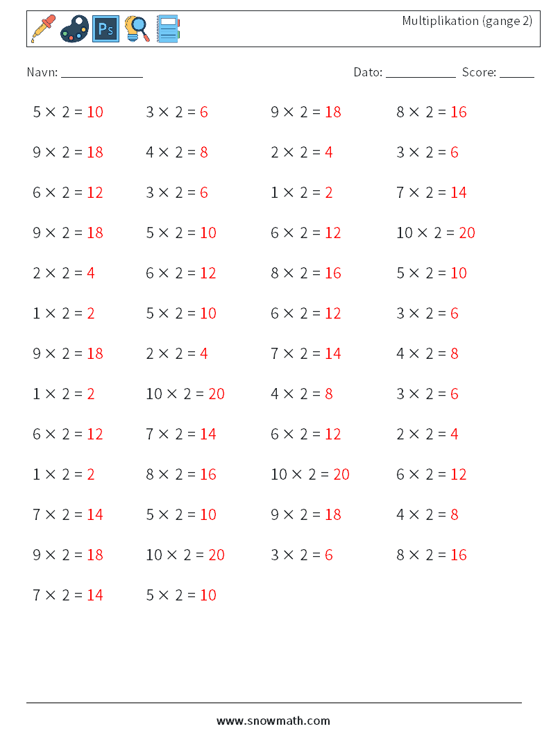 (50) Multiplikation (gange 2) Matematiske regneark 5 Spørgsmål, svar