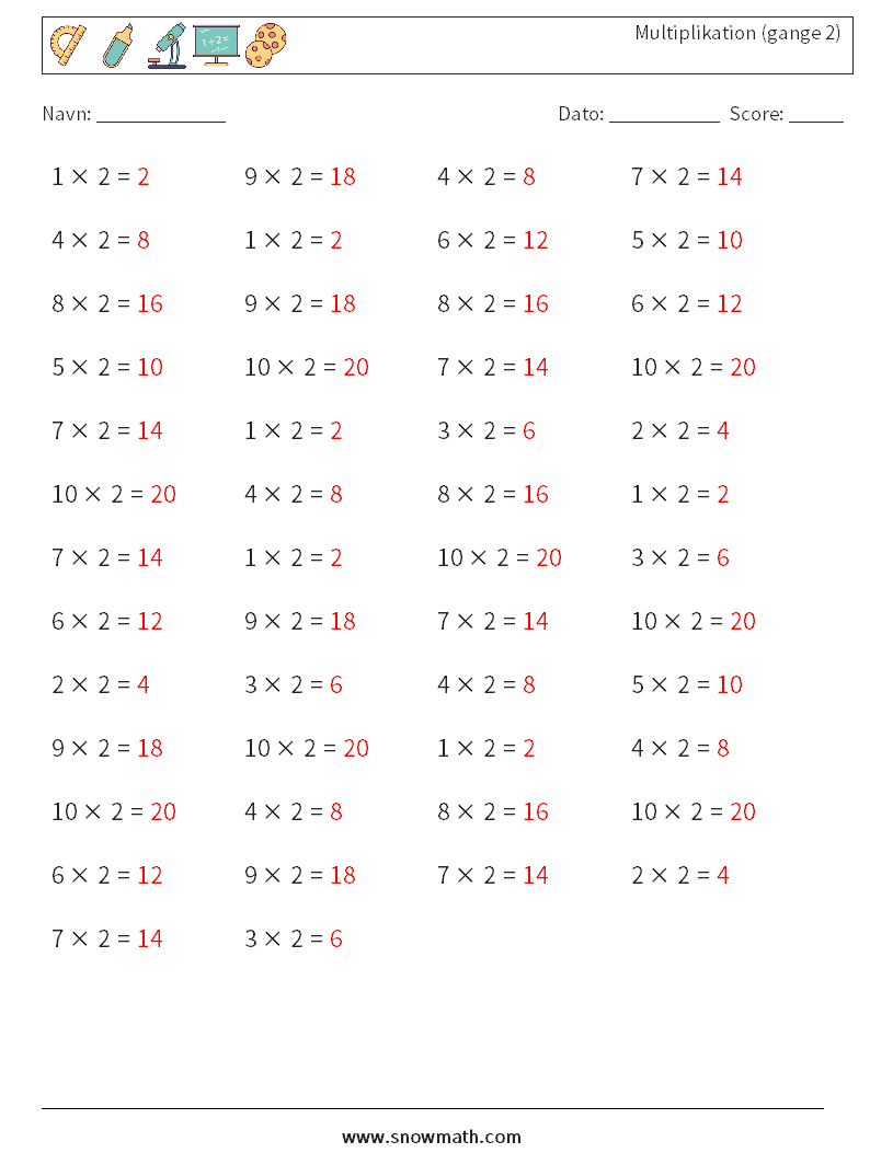 (50) Multiplikation (gange 2) Matematiske regneark 6 Spørgsmål, svar