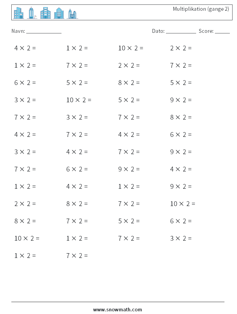 (50) Multiplikation (gange 2) Matematiske regneark 7