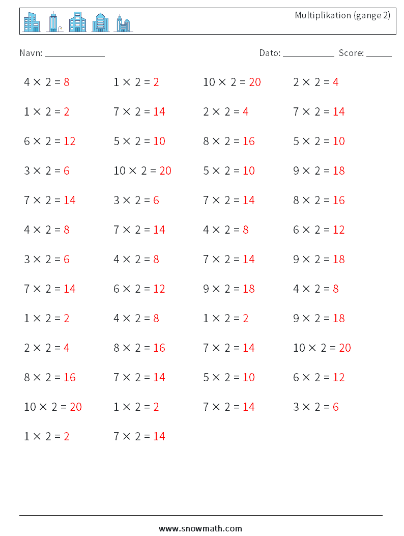 (50) Multiplikation (gange 2) Matematiske regneark 7 Spørgsmål, svar