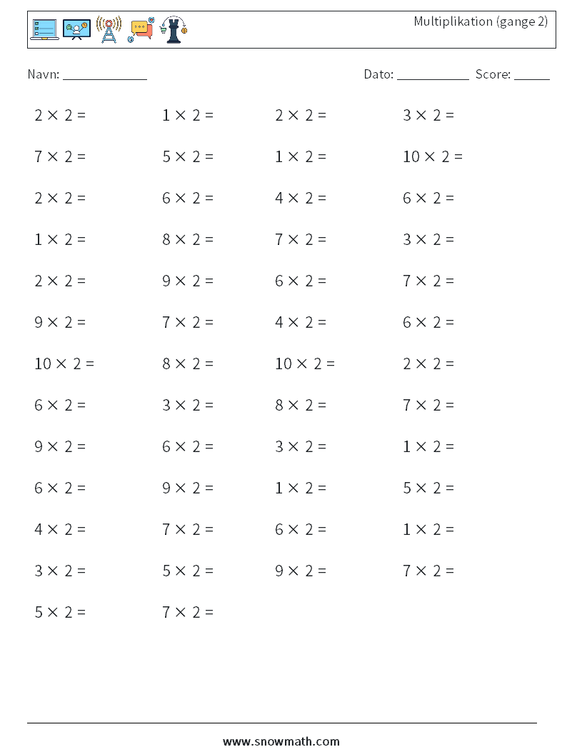 (50) Multiplikation (gange 2) Matematiske regneark 8