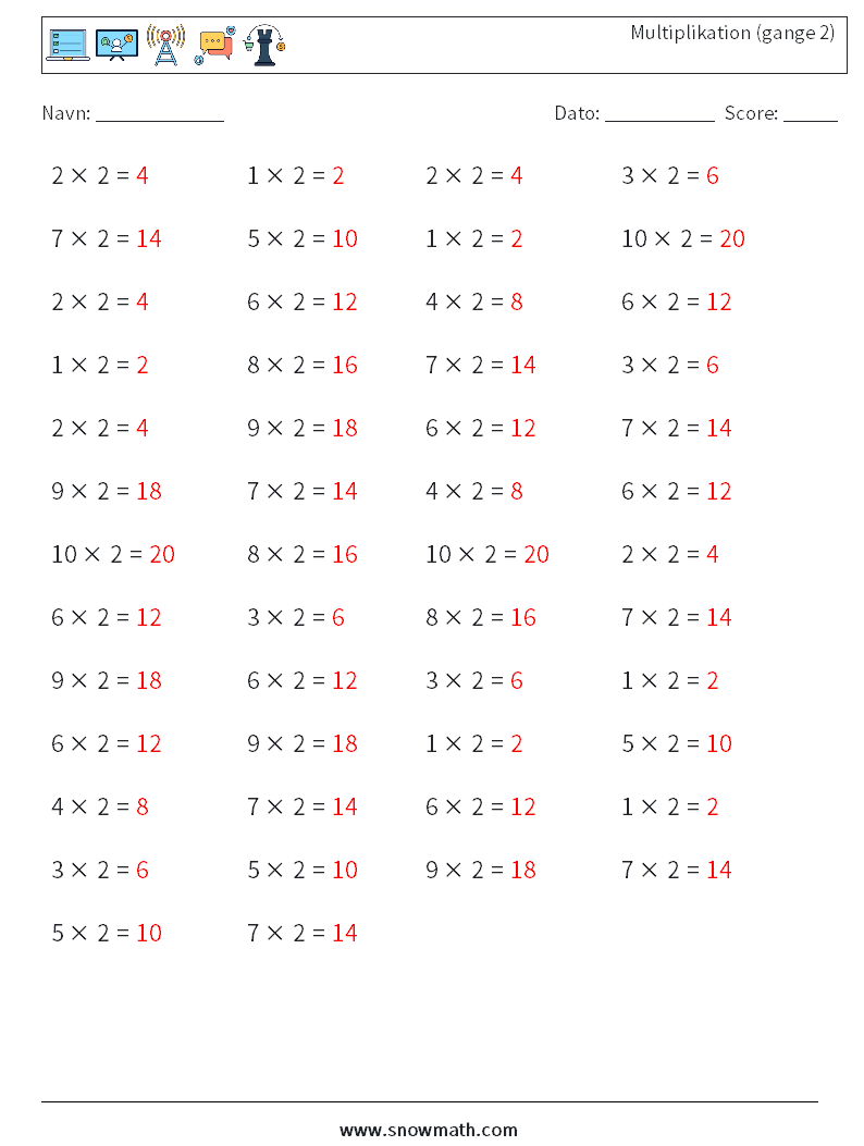 (50) Multiplikation (gange 2) Matematiske regneark 8 Spørgsmål, svar