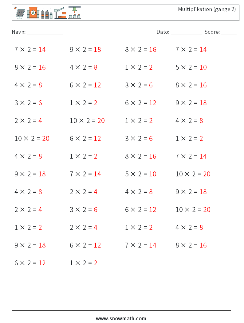 (50) Multiplikation (gange 2) Matematiske regneark 9 Spørgsmål, svar