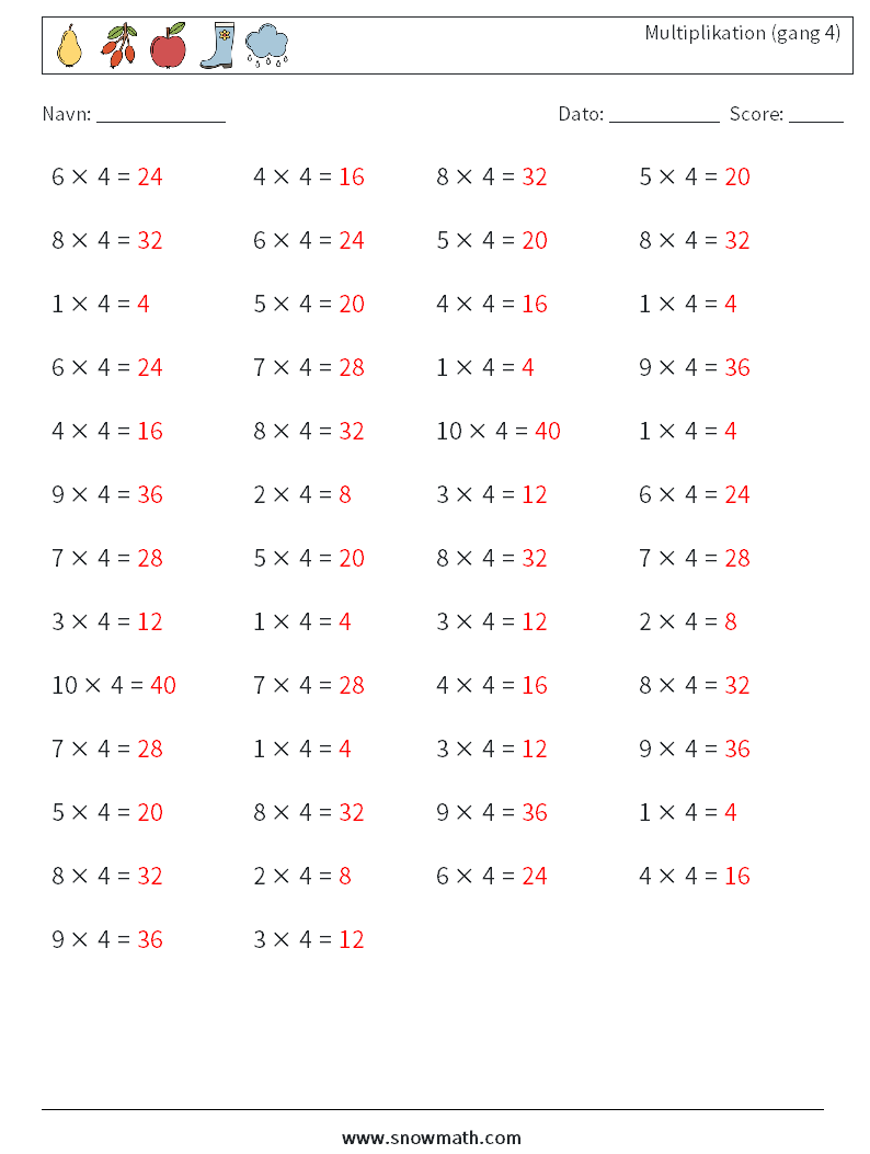 (50) Multiplikation (gang 4) Matematiske regneark 1 Spørgsmål, svar