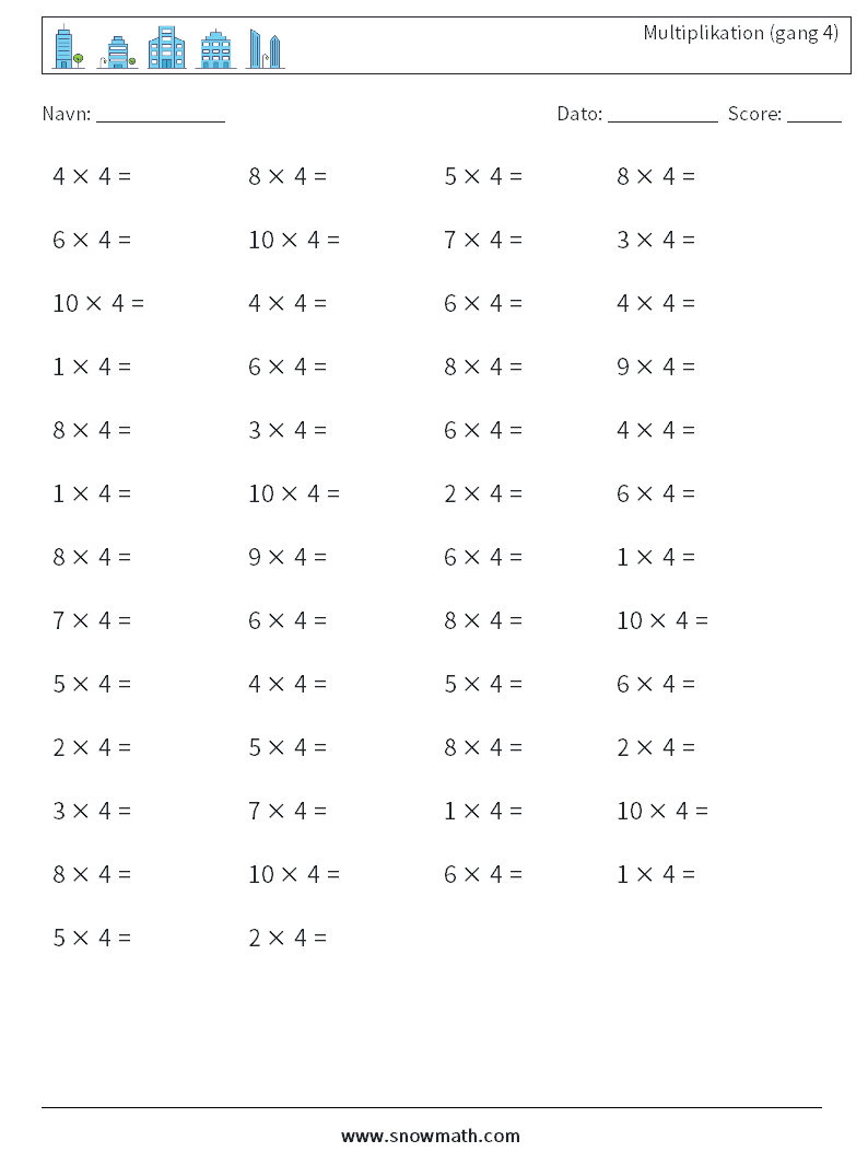 (50) Multiplikation (gang 4) Matematiske regneark 2