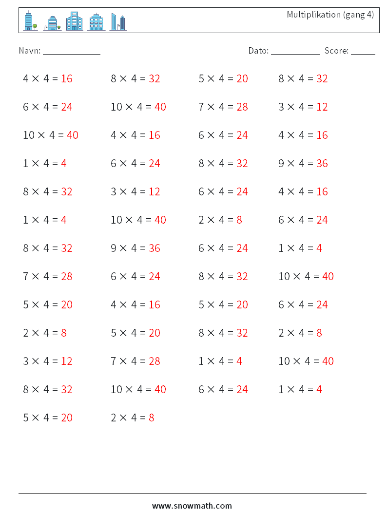 (50) Multiplikation (gang 4) Matematiske regneark 2 Spørgsmål, svar