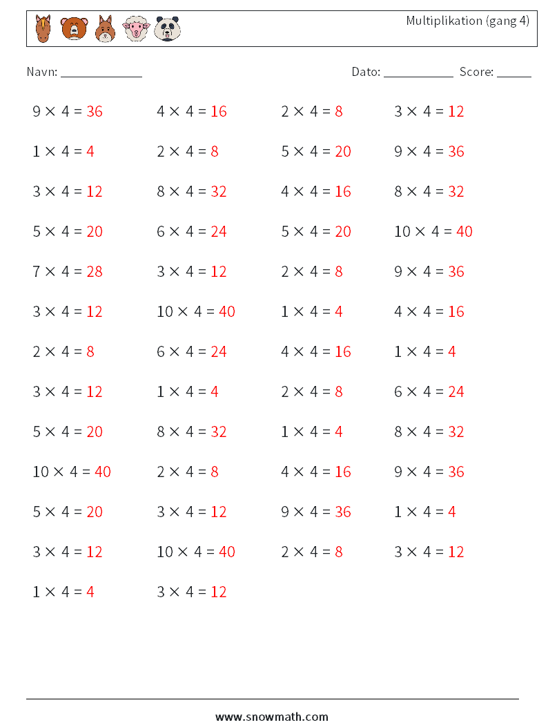 (50) Multiplikation (gang 4) Matematiske regneark 3 Spørgsmål, svar
