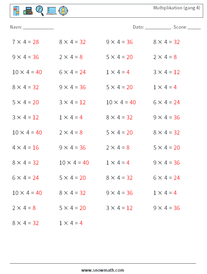(50) Multiplikation (gang 4) Matematiske regneark 4 Spørgsmål, svar