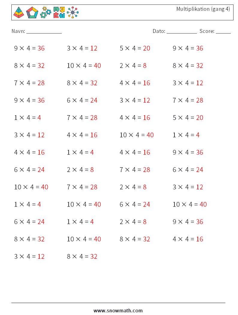 (50) Multiplikation (gang 4) Matematiske regneark 5 Spørgsmål, svar