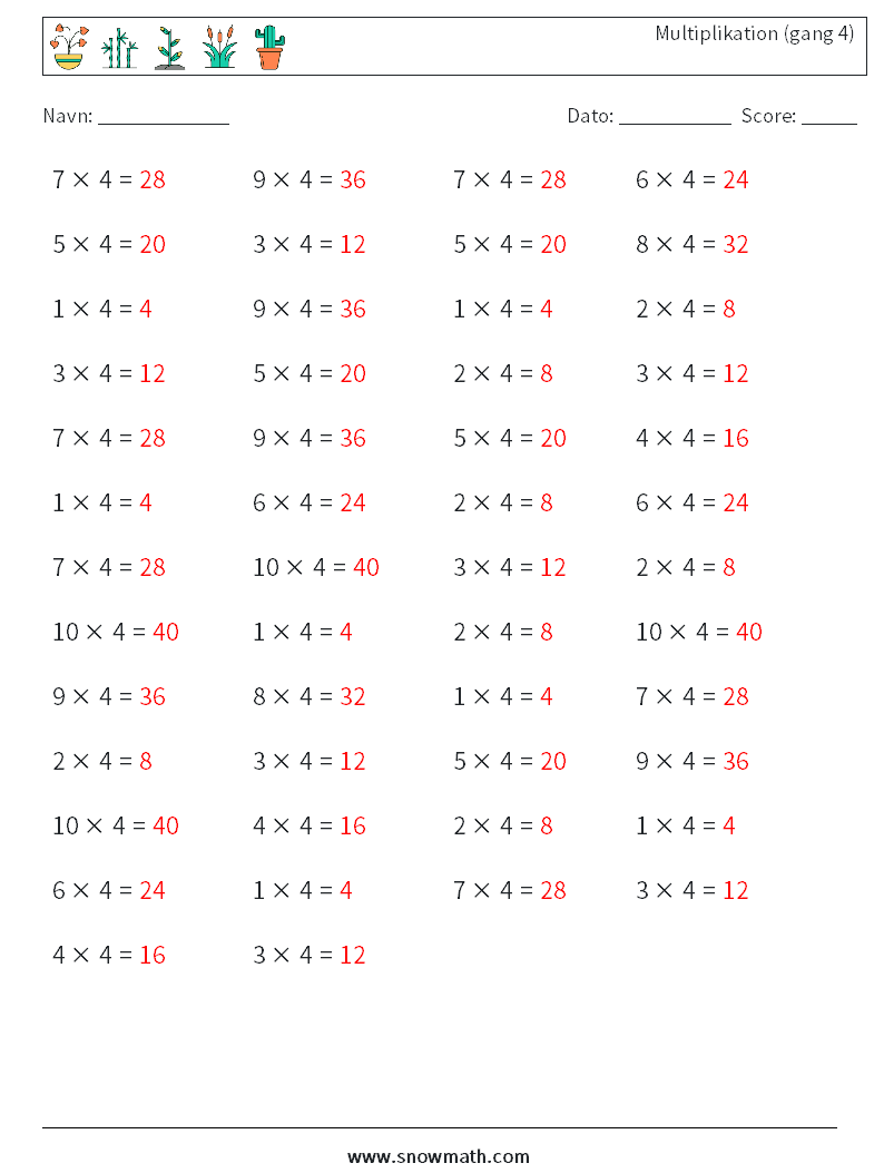 (50) Multiplikation (gang 4) Matematiske regneark 6 Spørgsmål, svar