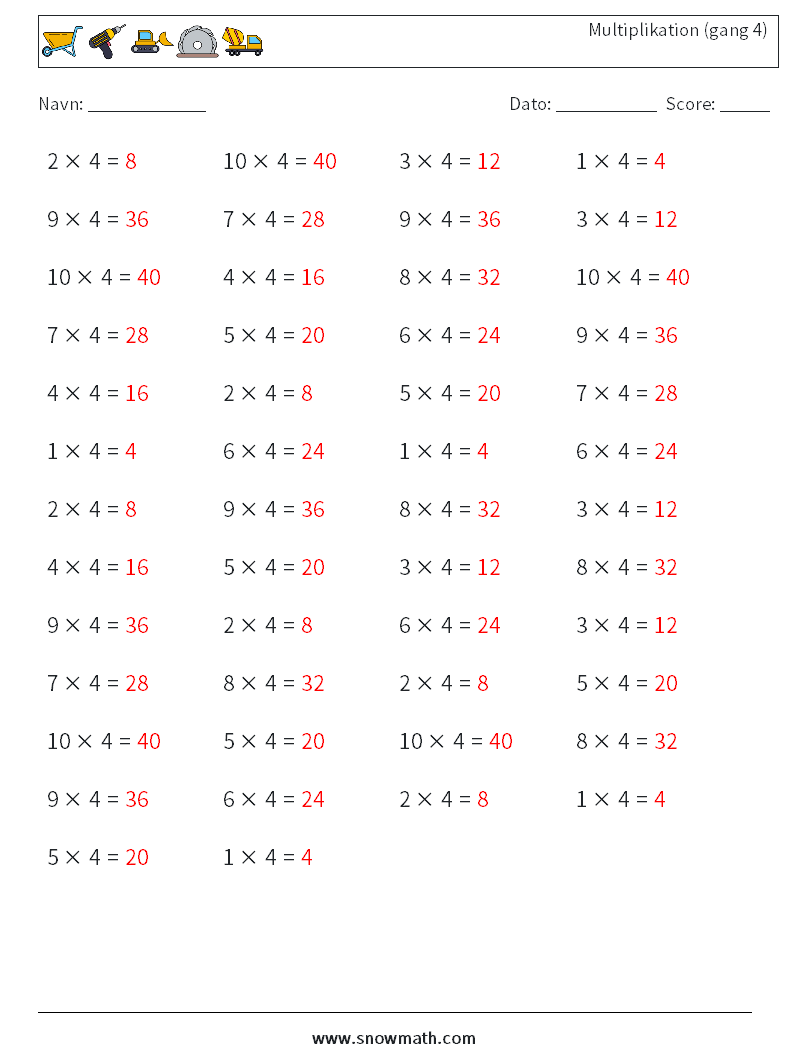 (50) Multiplikation (gang 4) Matematiske regneark 7 Spørgsmål, svar