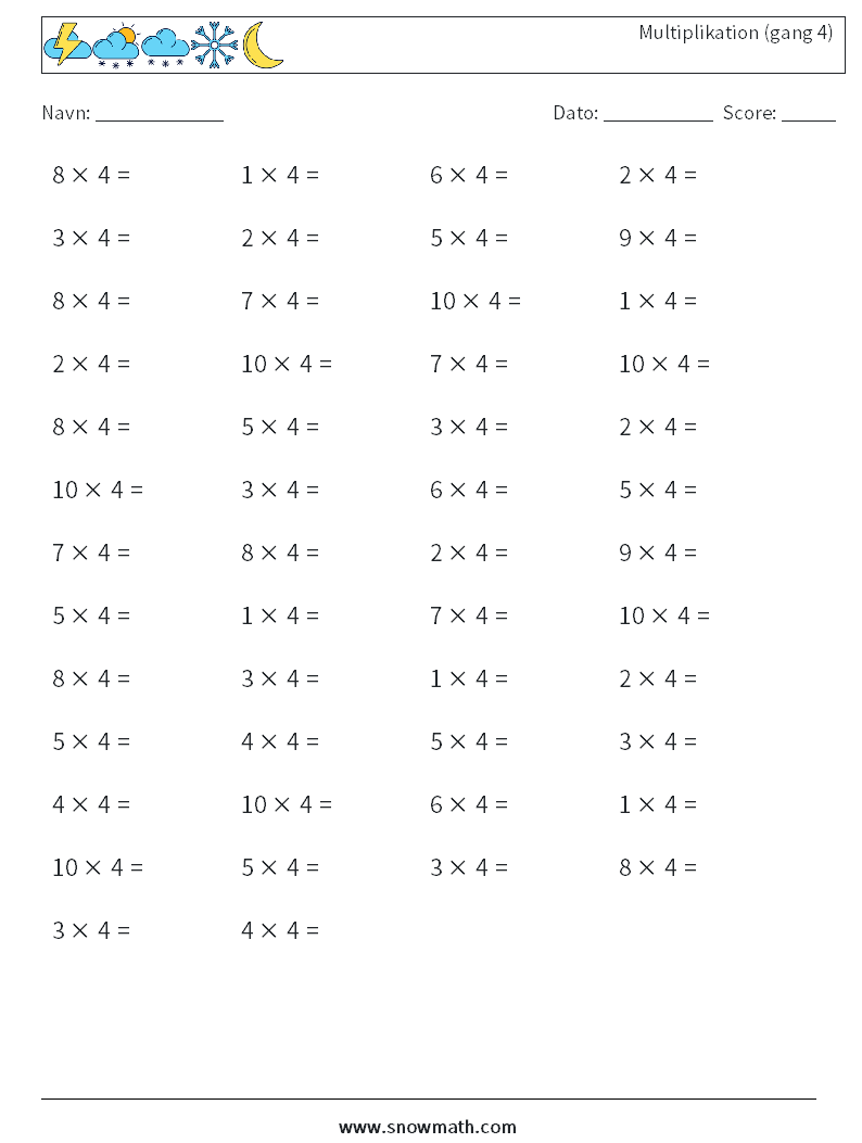 (50) Multiplikation (gang 4) Matematiske regneark 8