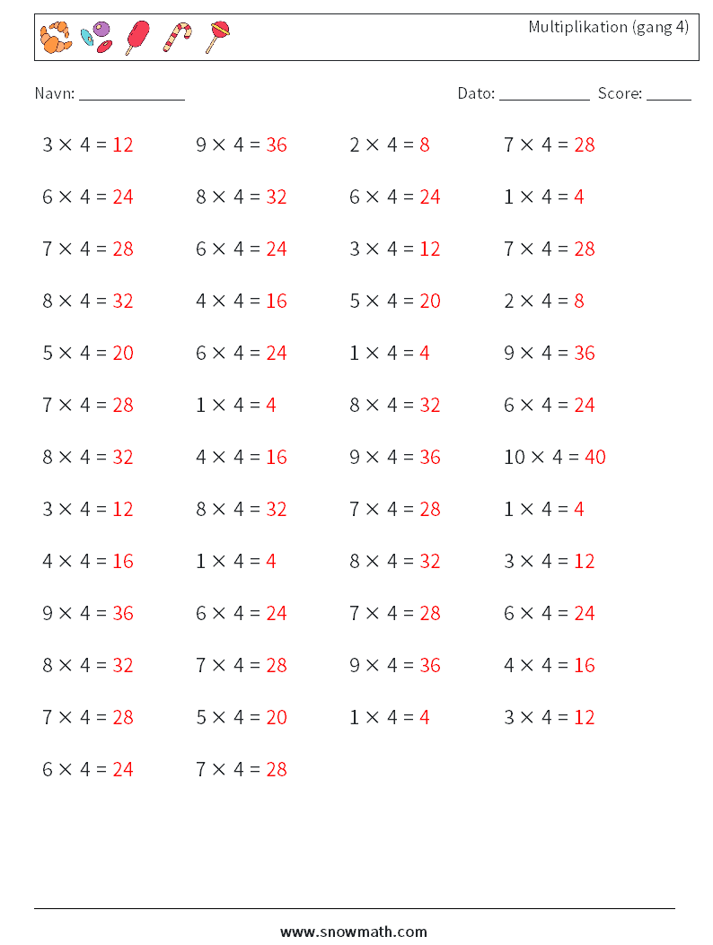 (50) Multiplikation (gang 4) Matematiske regneark 9 Spørgsmål, svar
