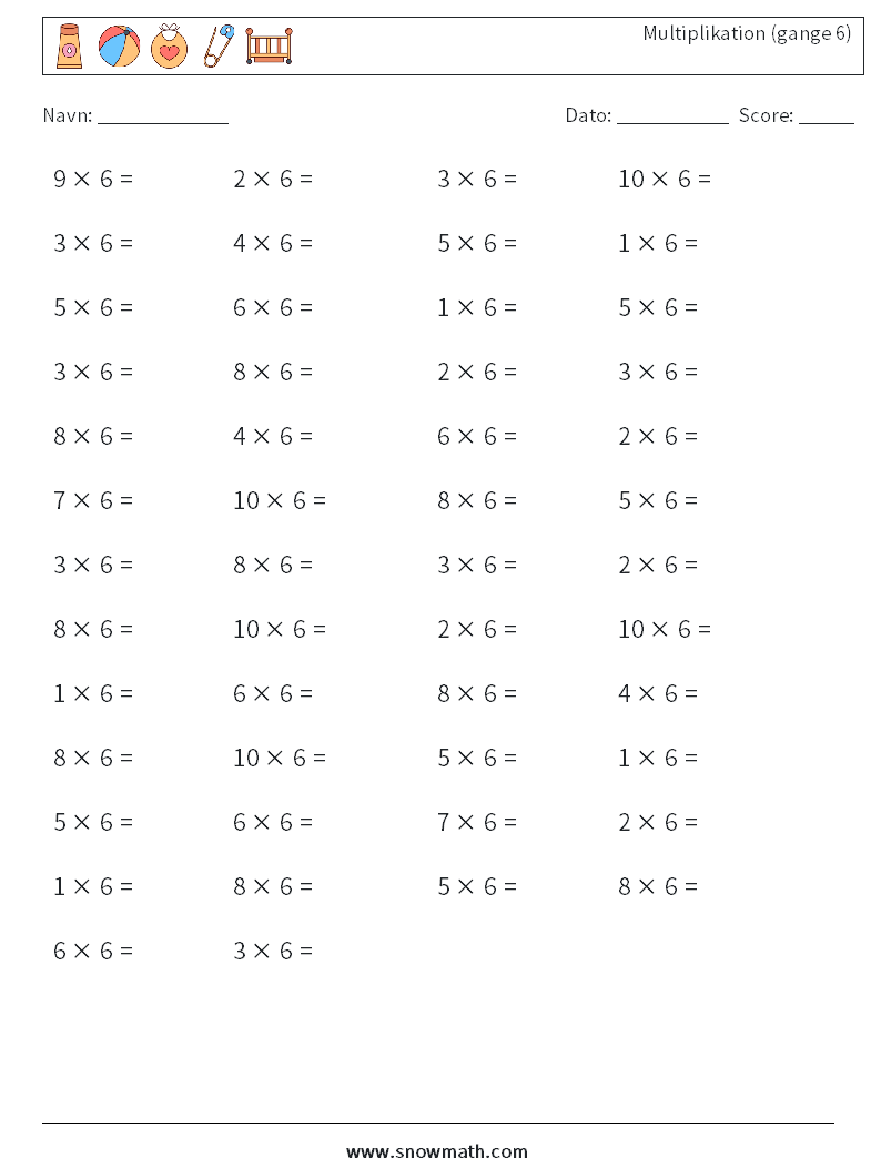 (50) Multiplikation (gange 6) Matematiske regneark 4