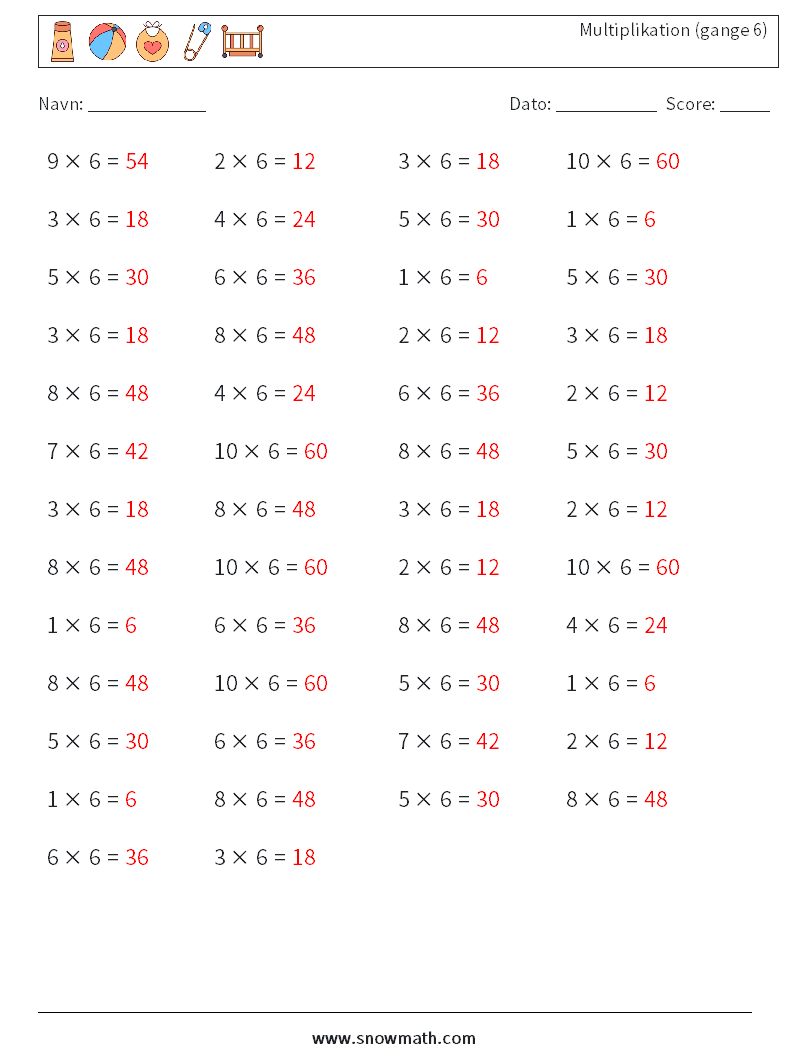 (50) Multiplikation (gange 6) Matematiske regneark 4 Spørgsmål, svar