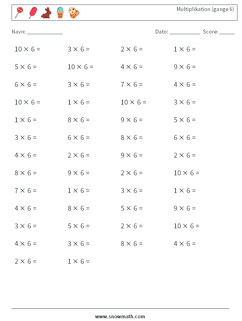 (50) Multiplikation (gange 6) Matematiske regneark 6