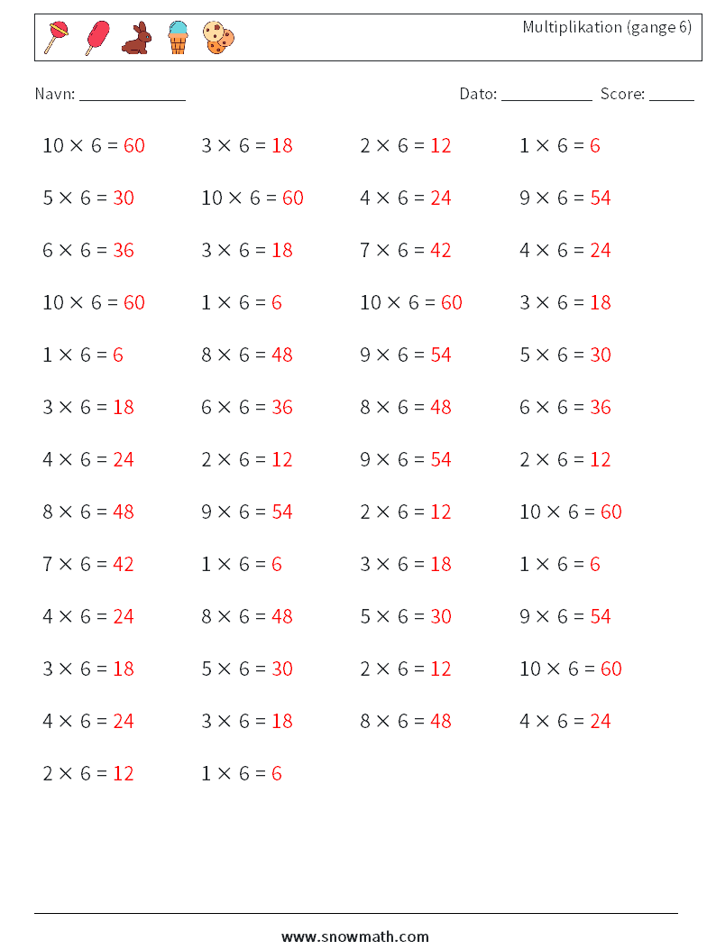(50) Multiplikation (gange 6) Matematiske regneark 6 Spørgsmål, svar