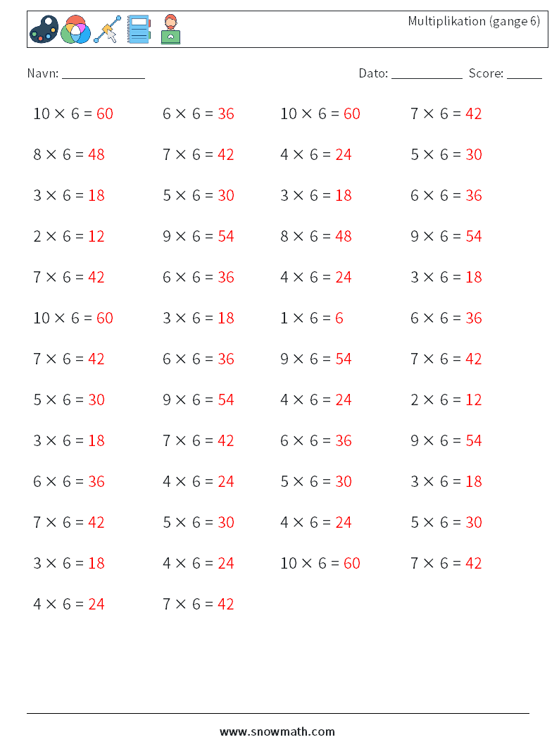 (50) Multiplikation (gange 6) Matematiske regneark 8 Spørgsmål, svar