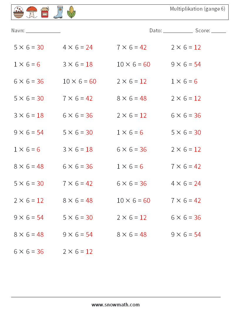 (50) Multiplikation (gange 6) Matematiske regneark 9 Spørgsmål, svar