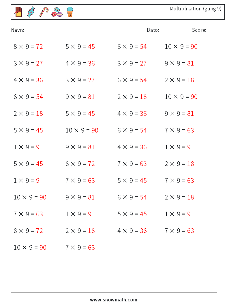 (50) Multiplikation (gang 9) Matematiske regneark 1 Spørgsmål, svar