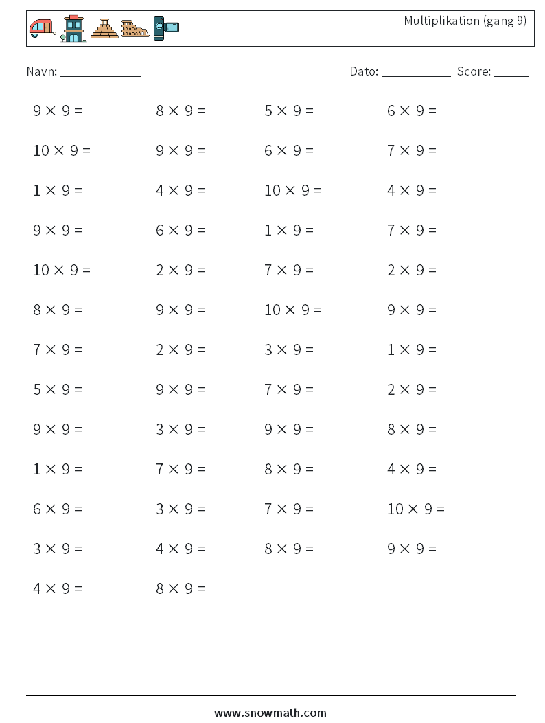 (50) Multiplikation (gang 9) Matematiske regneark 3