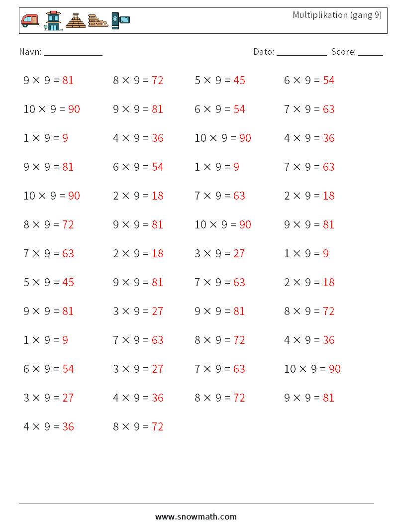(50) Multiplikation (gang 9) Matematiske regneark 3 Spørgsmål, svar