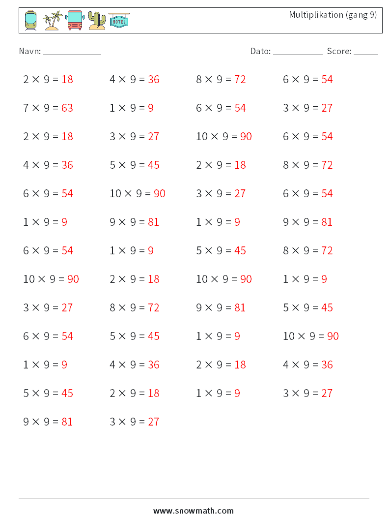 (50) Multiplikation (gang 9) Matematiske regneark 4 Spørgsmål, svar