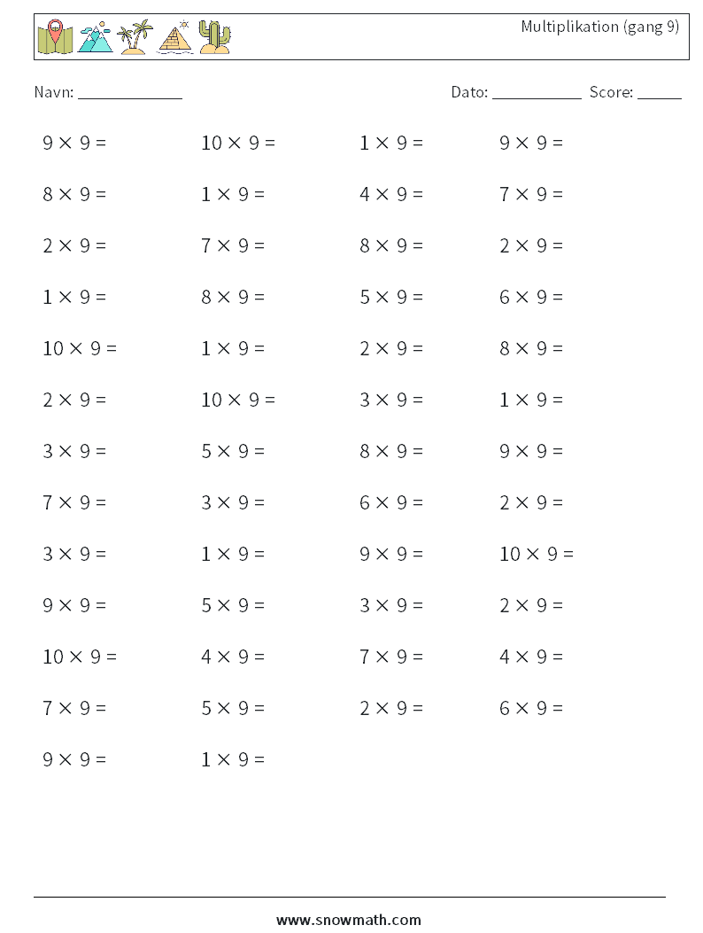 (50) Multiplikation (gang 9) Matematiske regneark 5